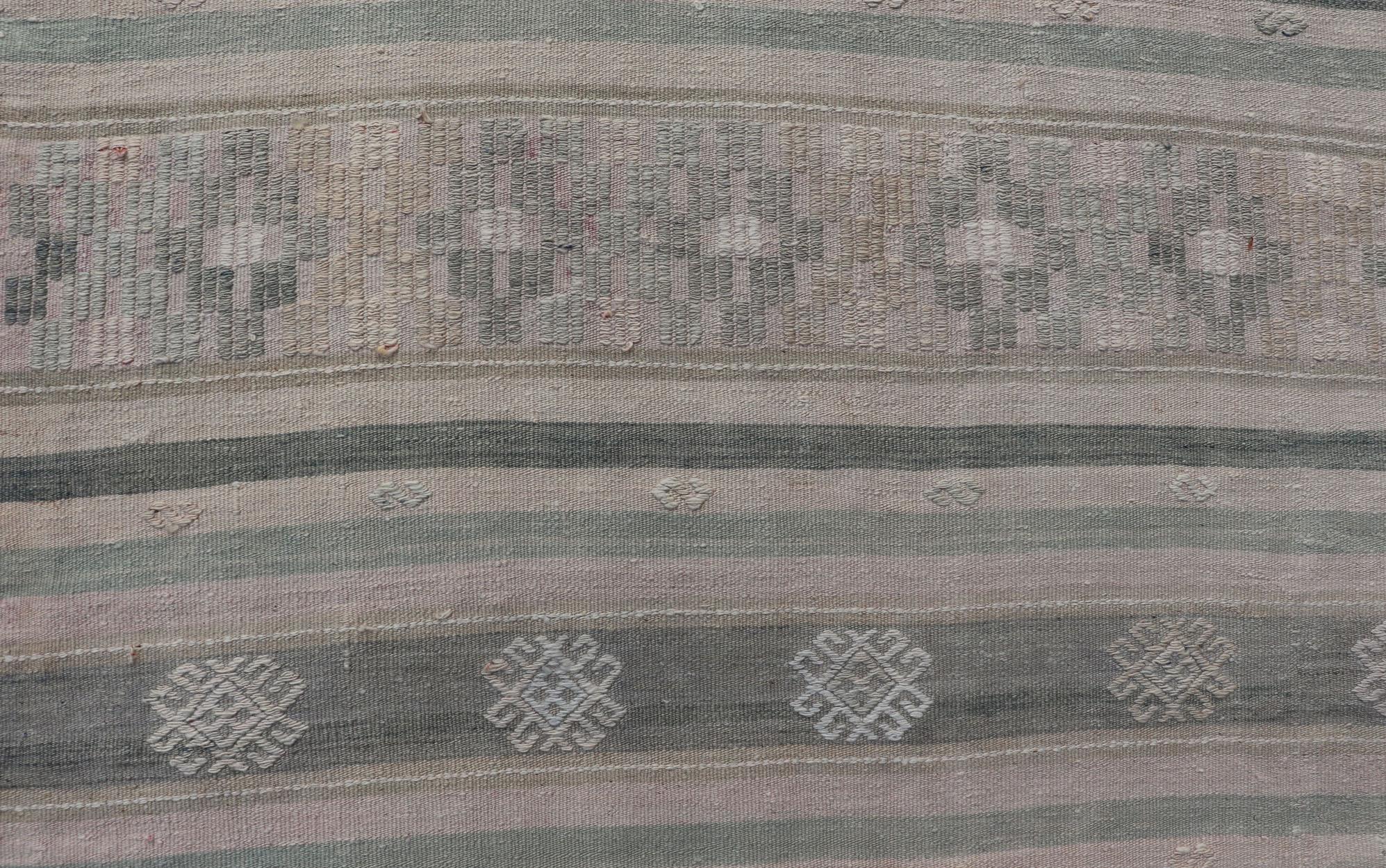 Hand-Woven Flat-Weave Hand Woven Kilim with Embroideries in Taupe, Tan, Blue and Gray For Sale