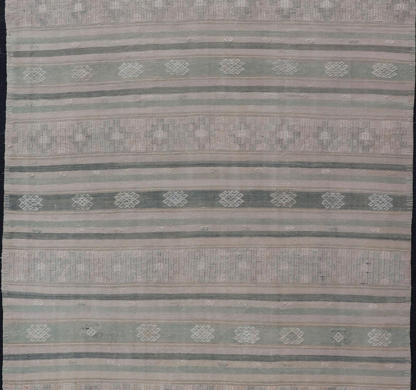 20th Century Flat-Weave Hand Woven Kilim with Embroideries in Taupe, Tan, Blue and Gray For Sale