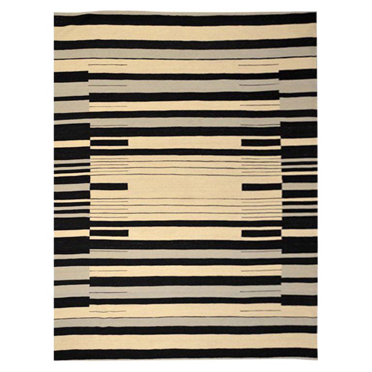 Flat-Weave Kilim, Modern Design with Black, Gray Lines over Beige Background