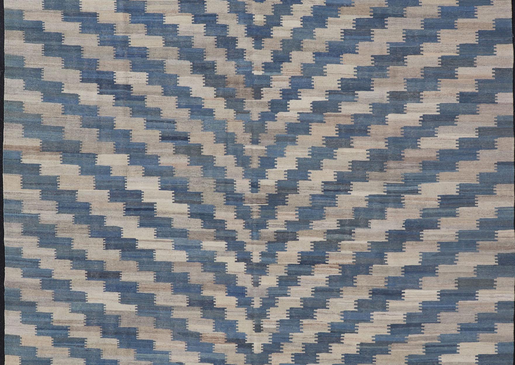 Afghan Flat-Weave Kilim Rug with a Modern Design in Blue, and Creams For Sale
