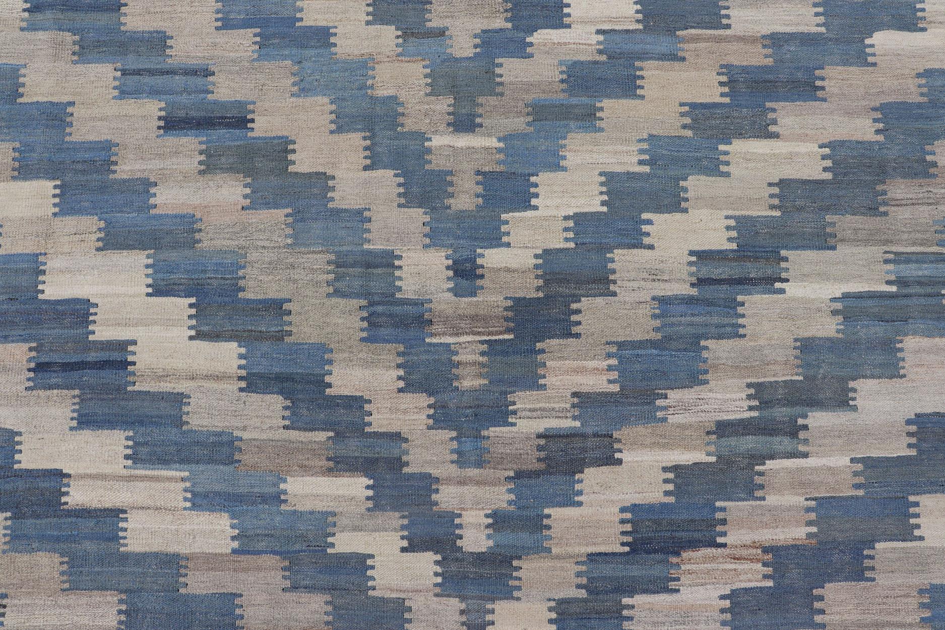 Wool Flat-Weave Kilim Rug with a Modern Design in Blue, and Creams For Sale