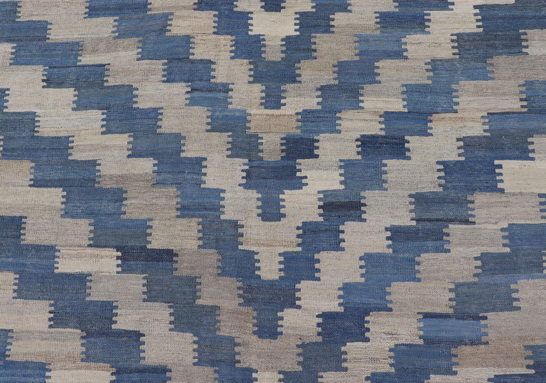 Flat-Weave Kilim Rug with a Modern Design in Blue, and Creams For Sale 1