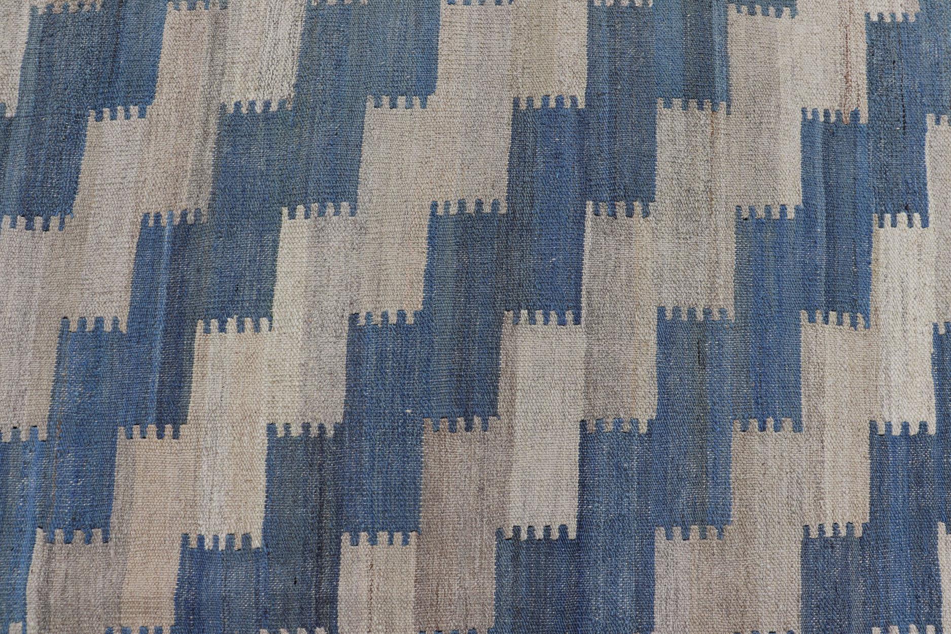 Flat-Weave Kilim Rug with a Modern Design in Blue, and Creams For Sale 2