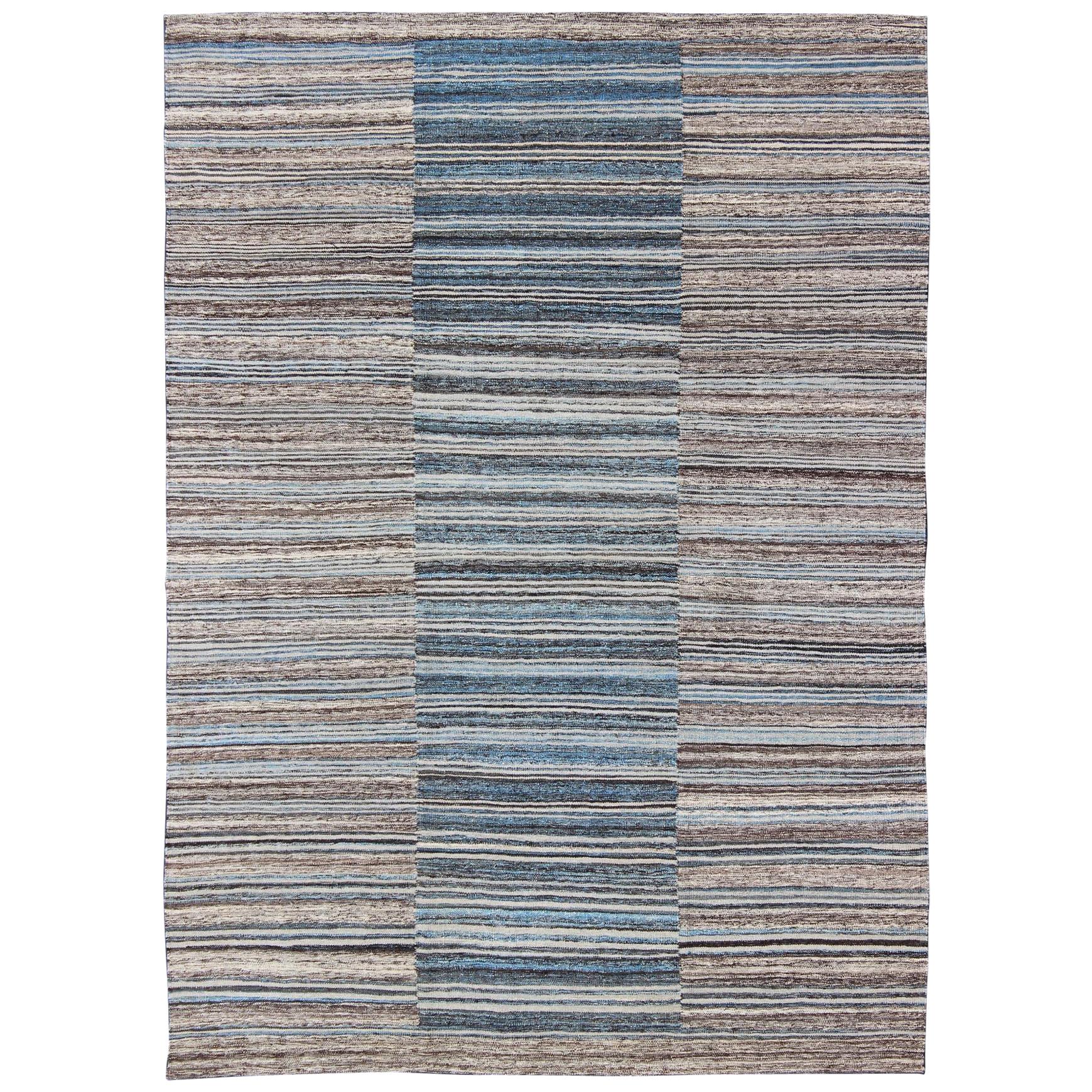 Flat-Weave Kilim Rug with Classic Stripe Design in Blue, Cream, Brown