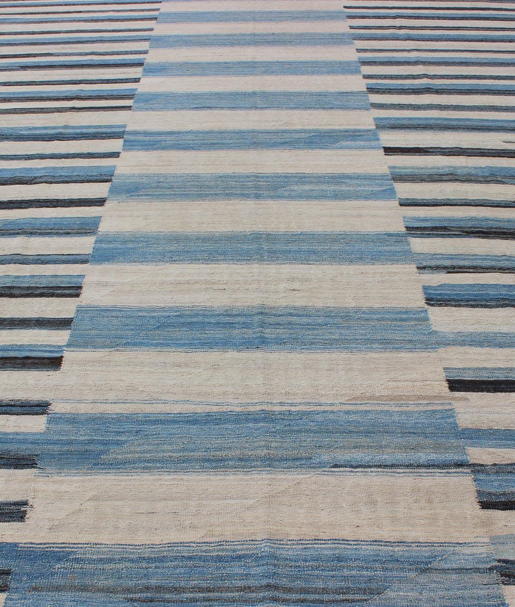 Wool Flat-Weave Kilim Rug with Classic Stripe Design in Blue, Ivory, Charcoal