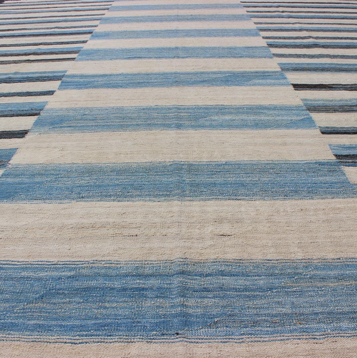 Flat-Weave Kilim Rug with Classic Stripe Design in Blue, Ivory, Charcoal 1
