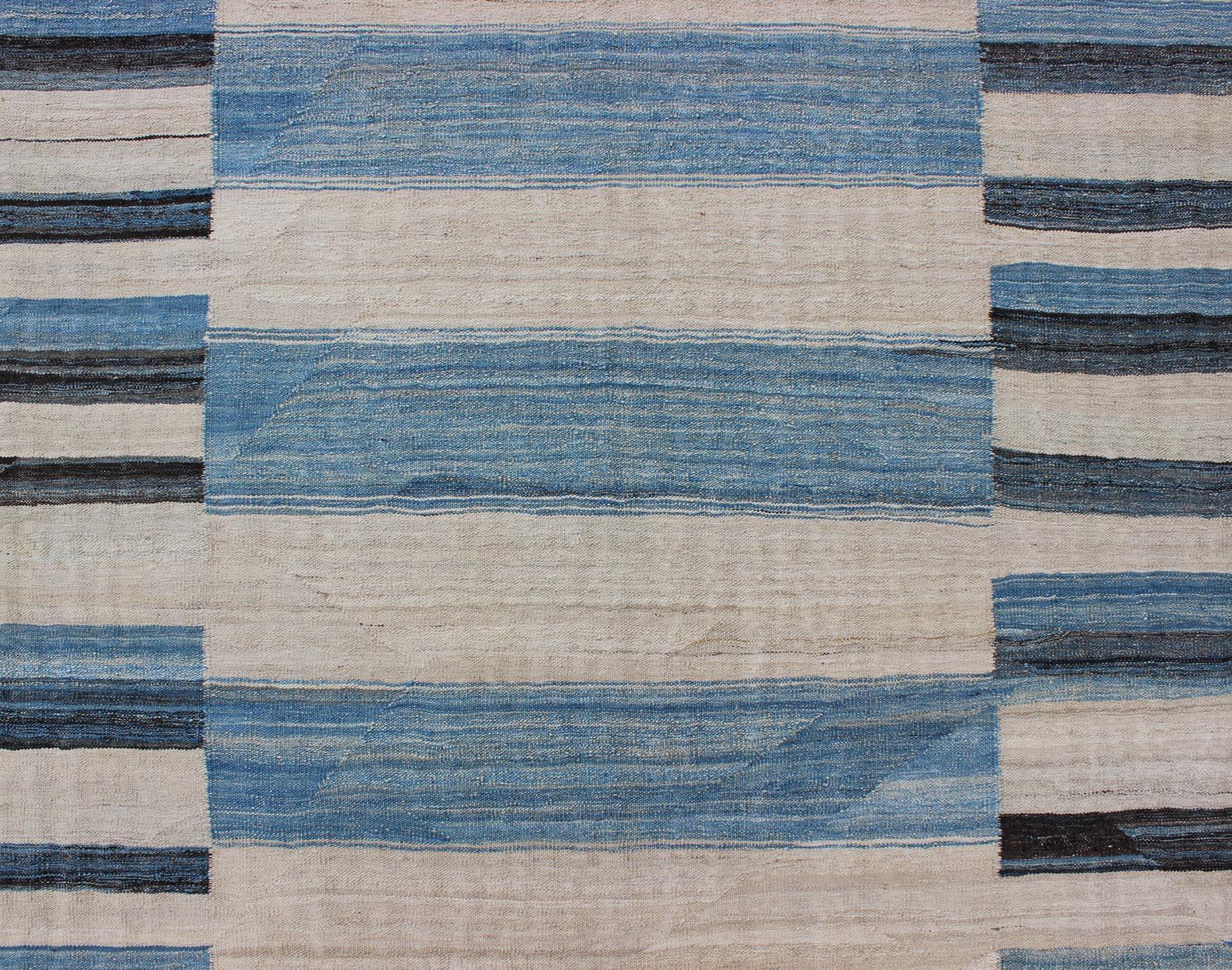 Flat-Weave Kilim Rug with Classic Stripe Design in Blue, Ivory, Charcoal 2