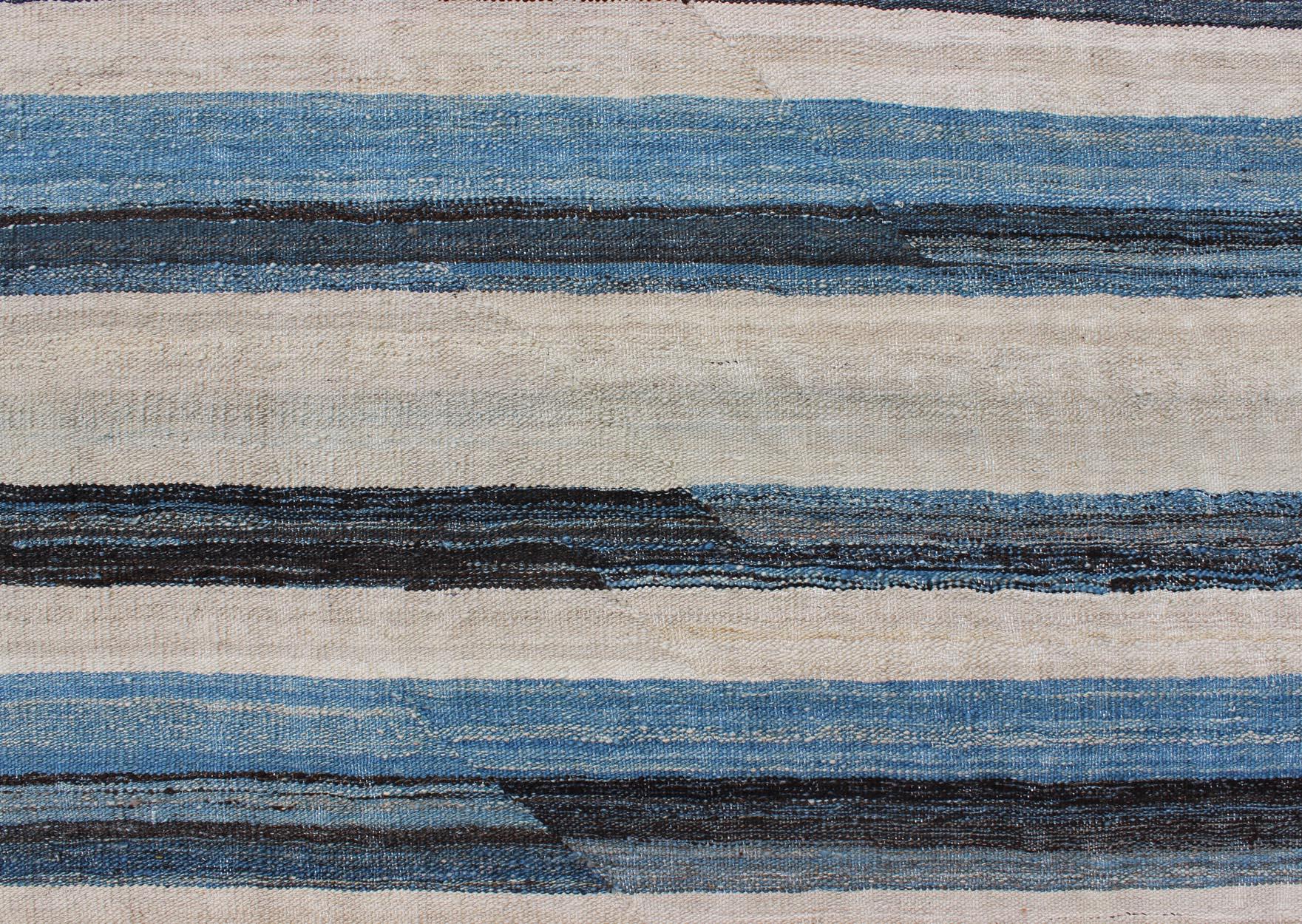 Flat-Weave Kilim Rug with Classic Stripe Design in Blue, Ivory, Charcoal 3