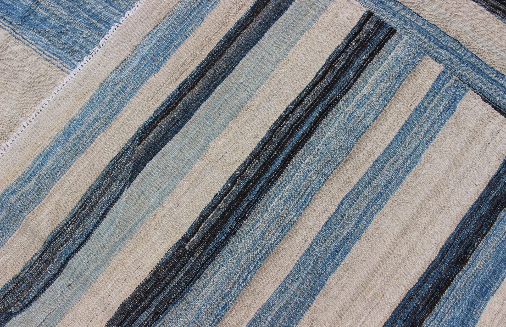 Flat-Weave Kilim Rug with Classic Stripe Design in Blue, Ivory, Charcoal 4