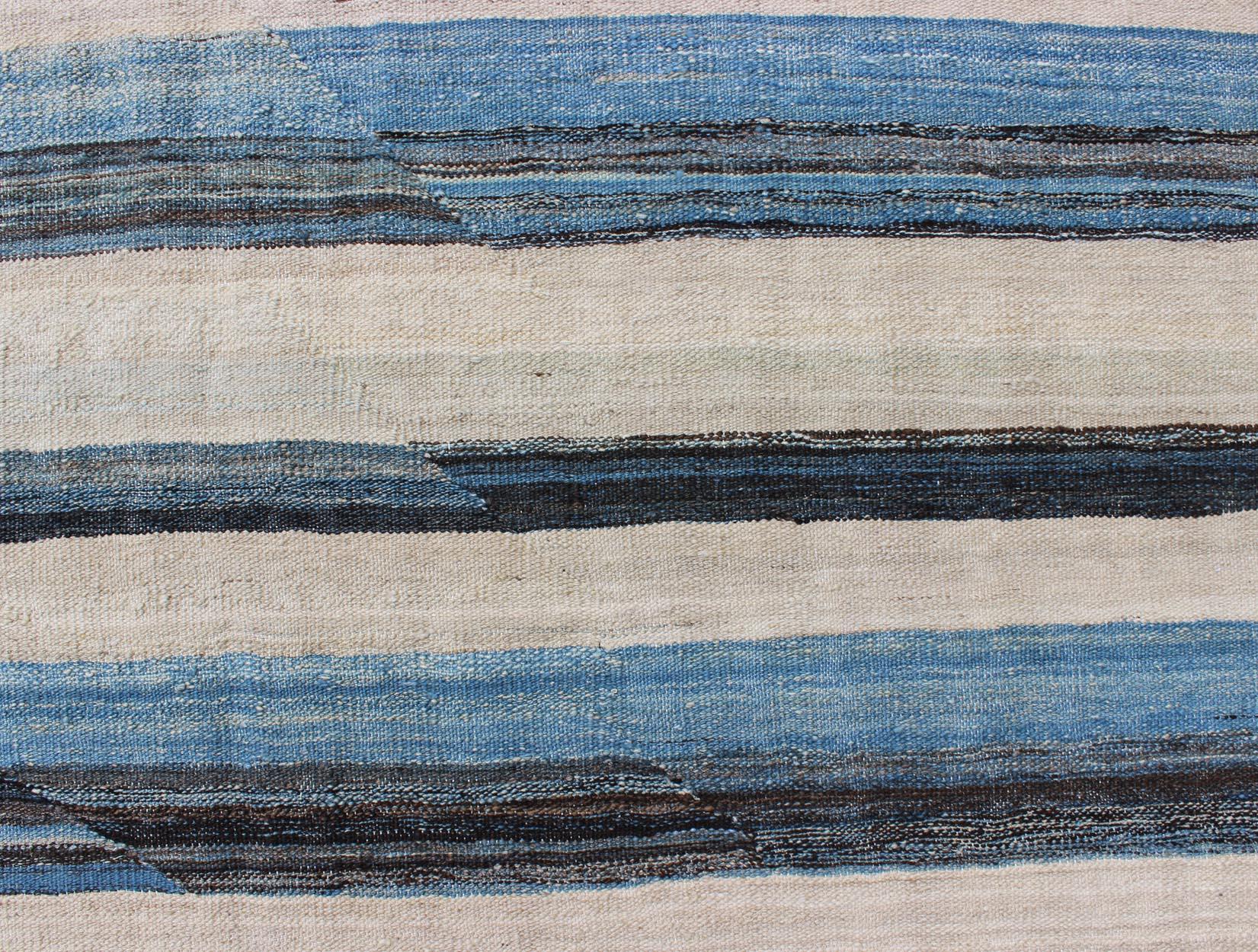 Afghan Flat-Weave Kilim Rug with Classic Stripe Design in Blue, Ivory, Charcoal