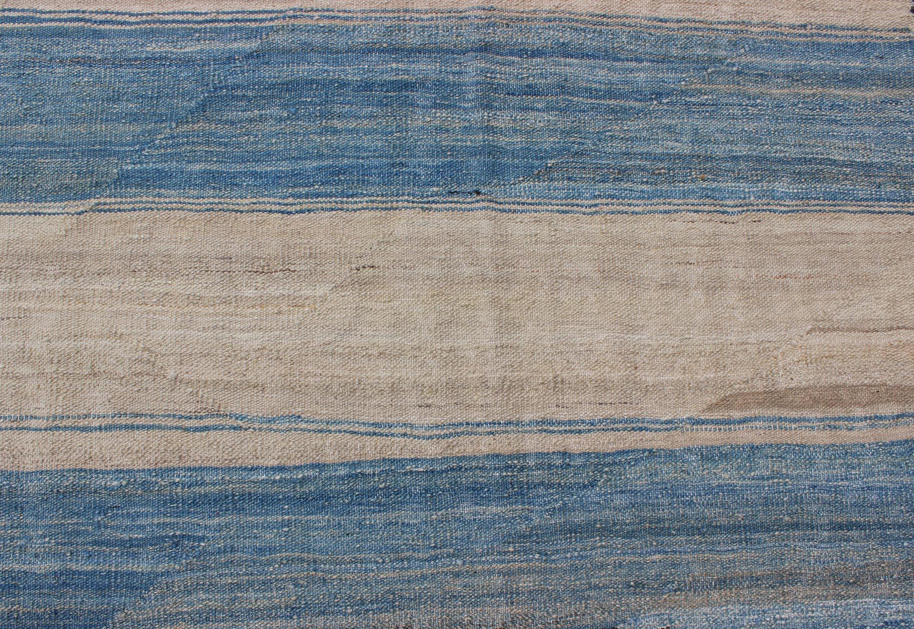 Hand-Woven Flat-Weave Kilim Rug with Classic Stripe Design in Blue, Ivory, Charcoal
