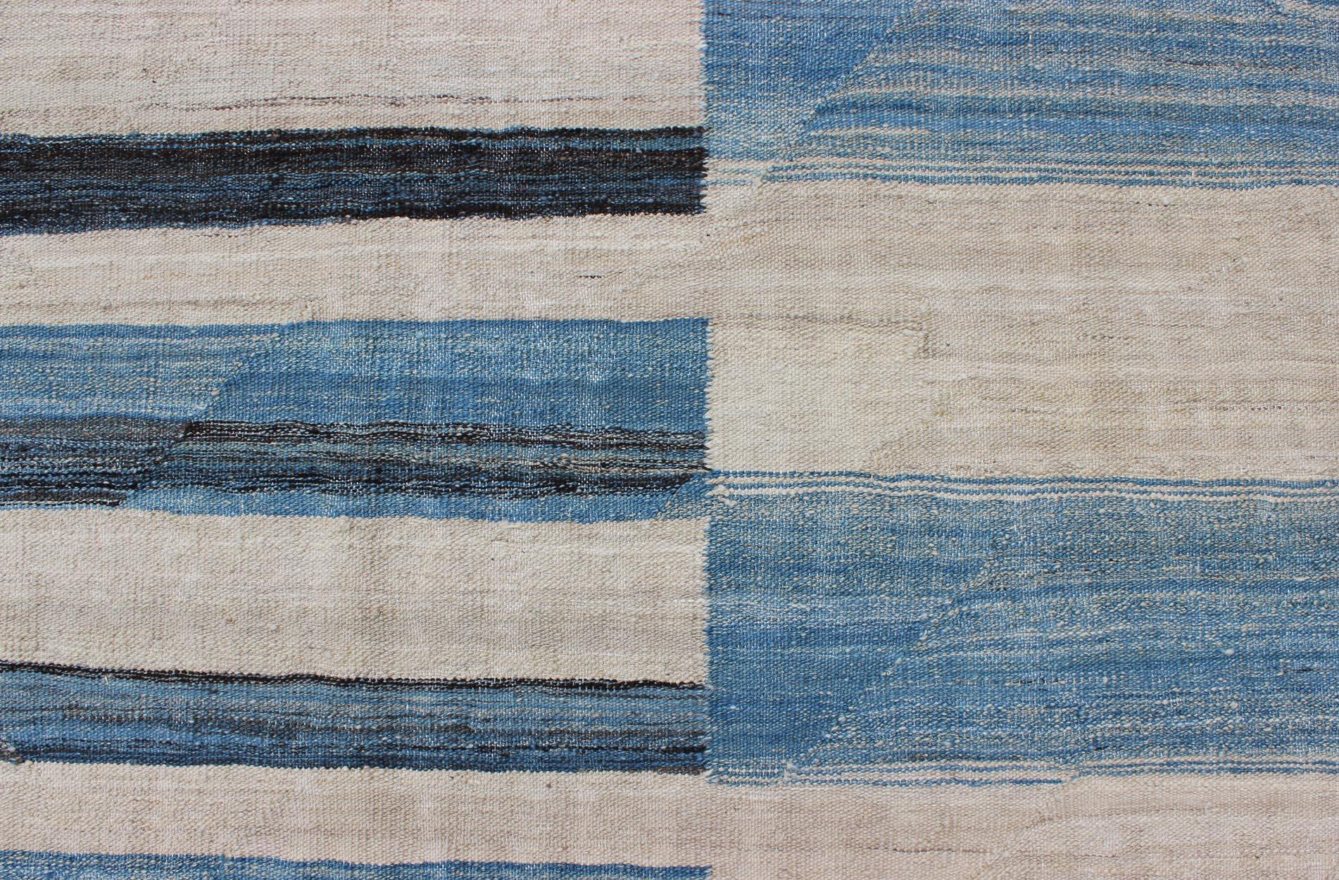 Flat-Weave Kilim Rug with Classic Stripe Design in Blue, Ivory, Charcoal In New Condition In Atlanta, GA