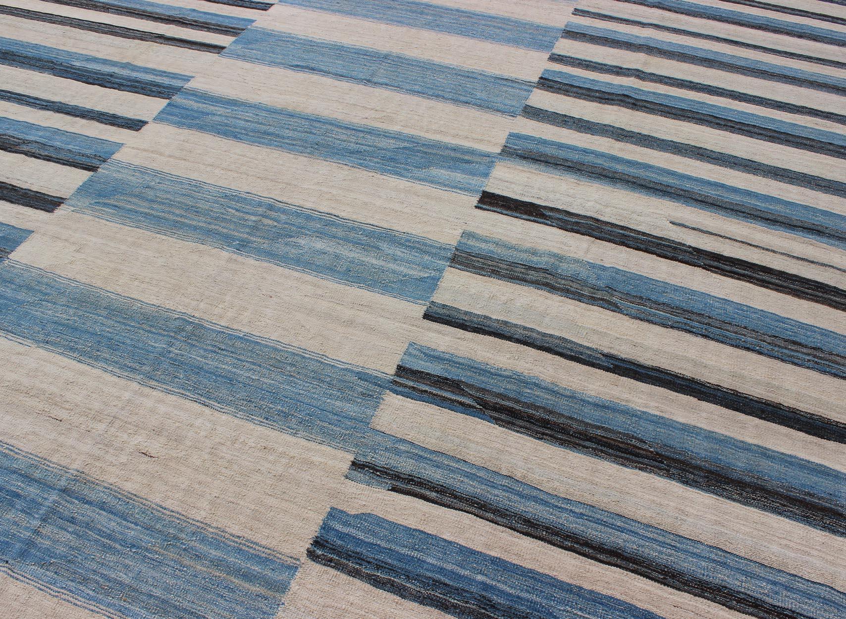 Contemporary Flat-Weave Kilim Rug with Classic Stripe Design in Blue, Ivory, Charcoal