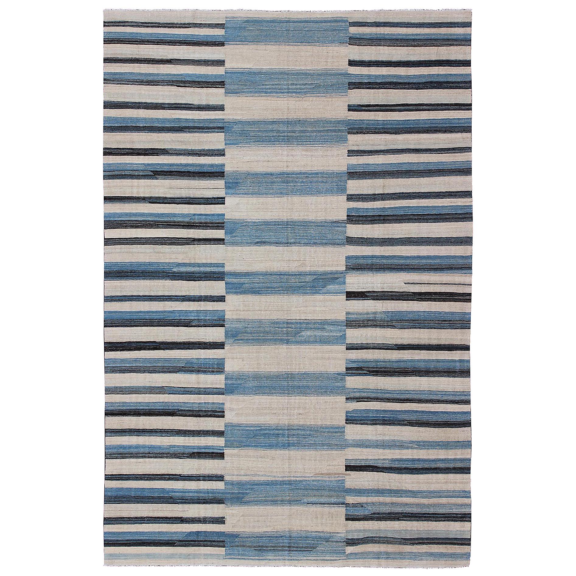 Flat-Weave Kilim Rug with Classic Stripe Design in Blue, Ivory, Charcoal
