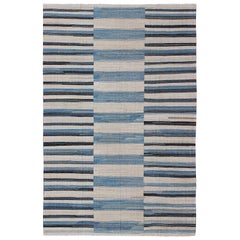 Flat-Weave Kilim Rug with Classic Stripe Design in Blue, Ivory, Charcoal