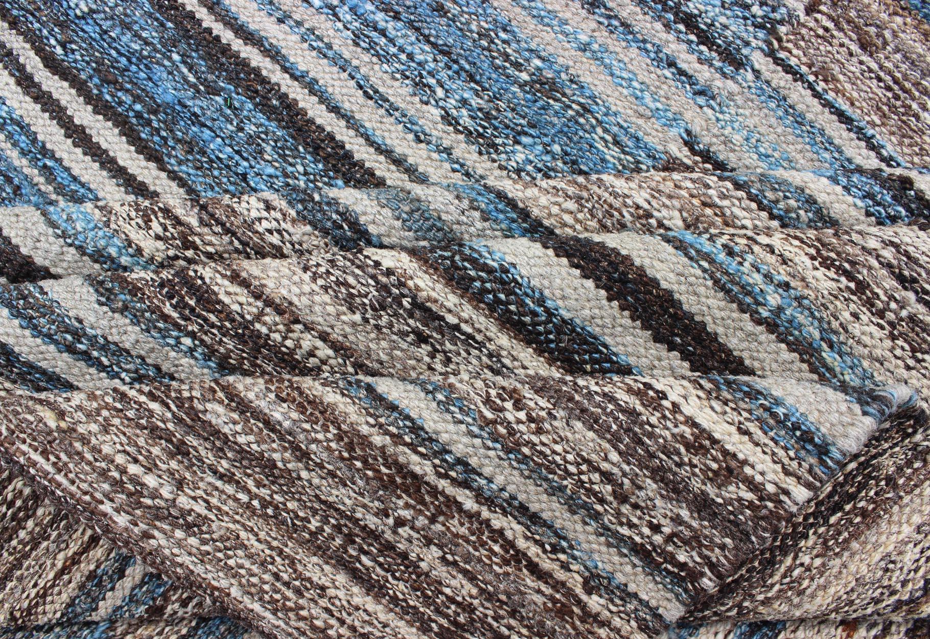 Flat-Weave Kilim Rug with Classic Stripe Design in Blue, Cream, Brown 2