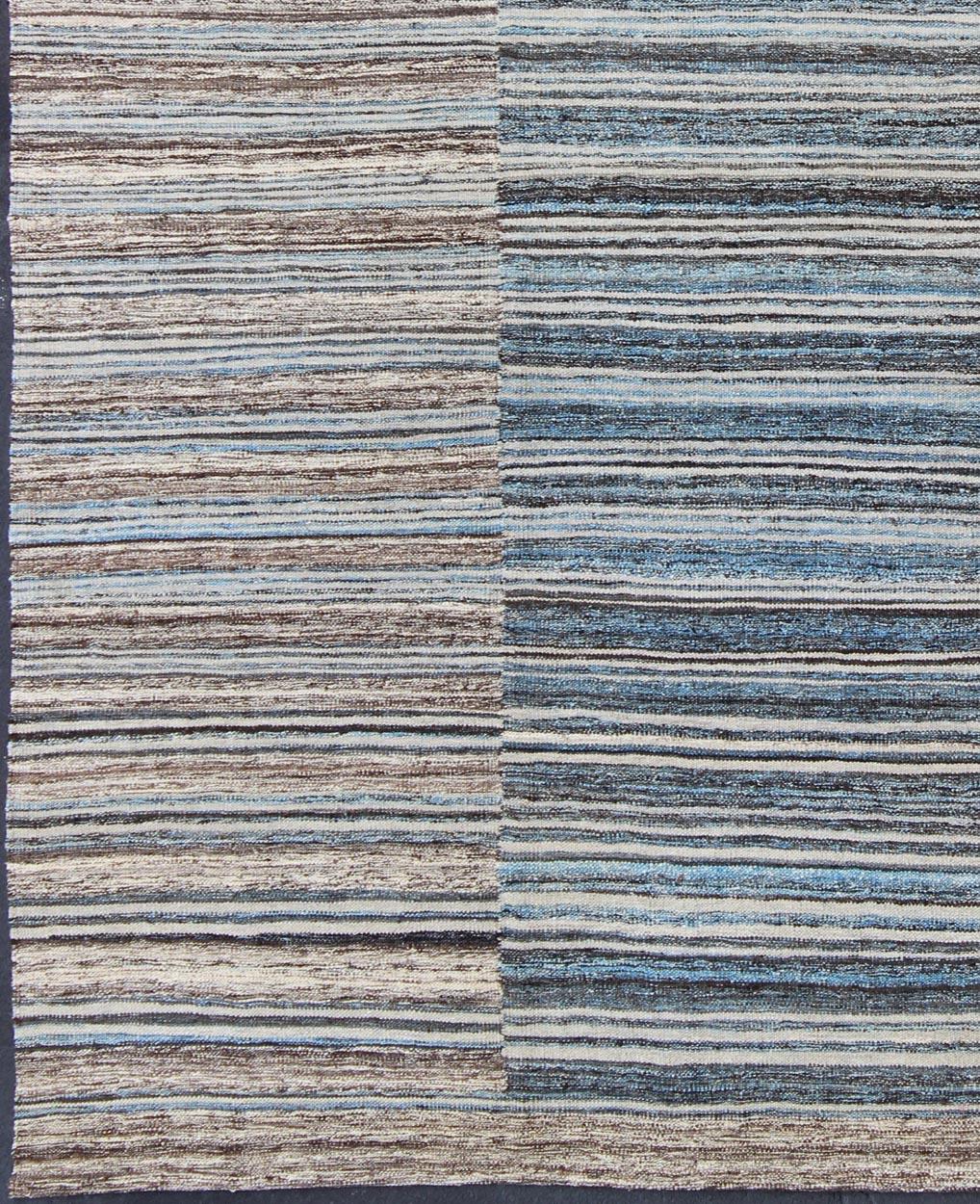 Afghan Flat-Weave Kilim Rug with Classic Stripe Design in Blue, Cream, Brown