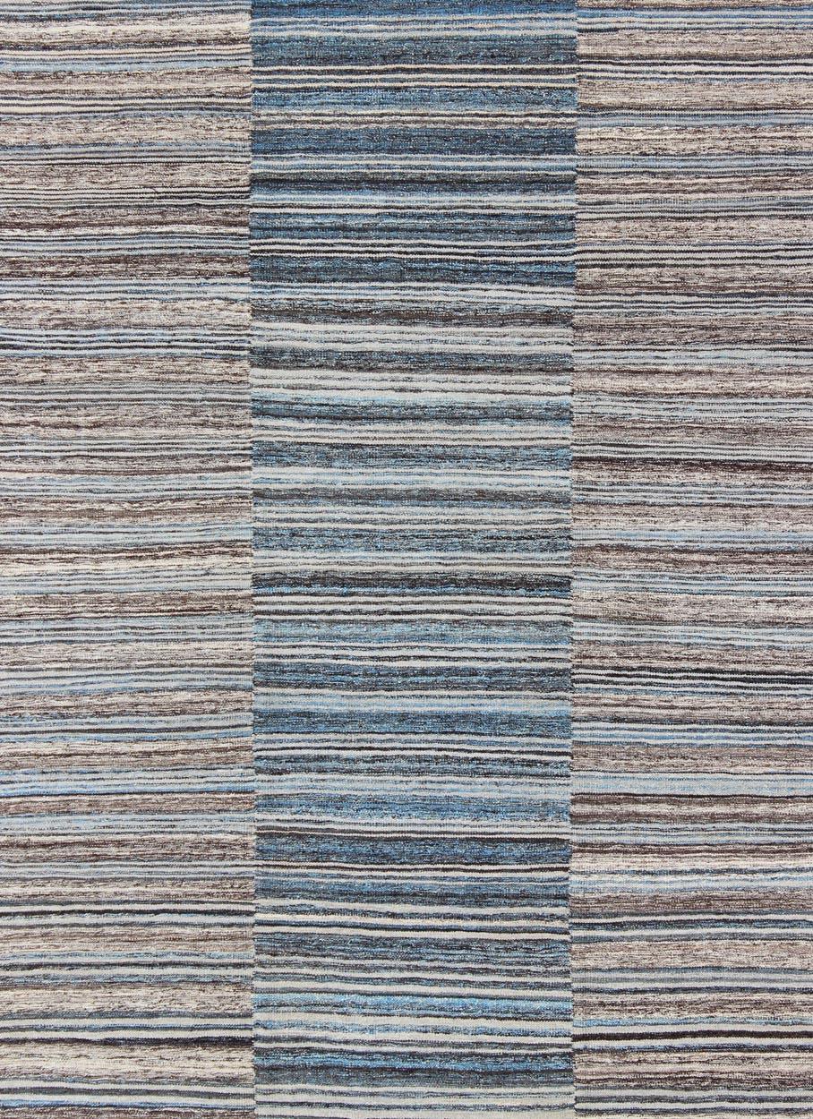 Hand-Woven Flat-Weave Kilim Rug with Classic Stripe Design in Blue, Cream, Brown