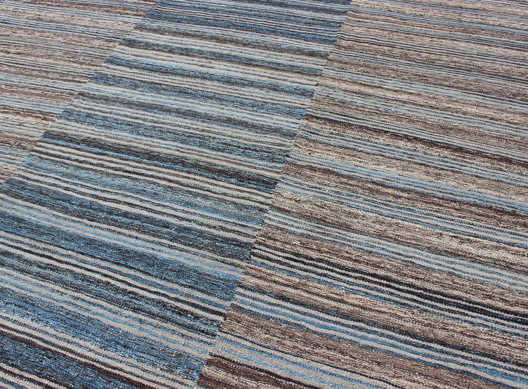Flat-Weave Kilim Rug with Classic Stripe Design in Blue, Cream, Brown In New Condition In Atlanta, GA