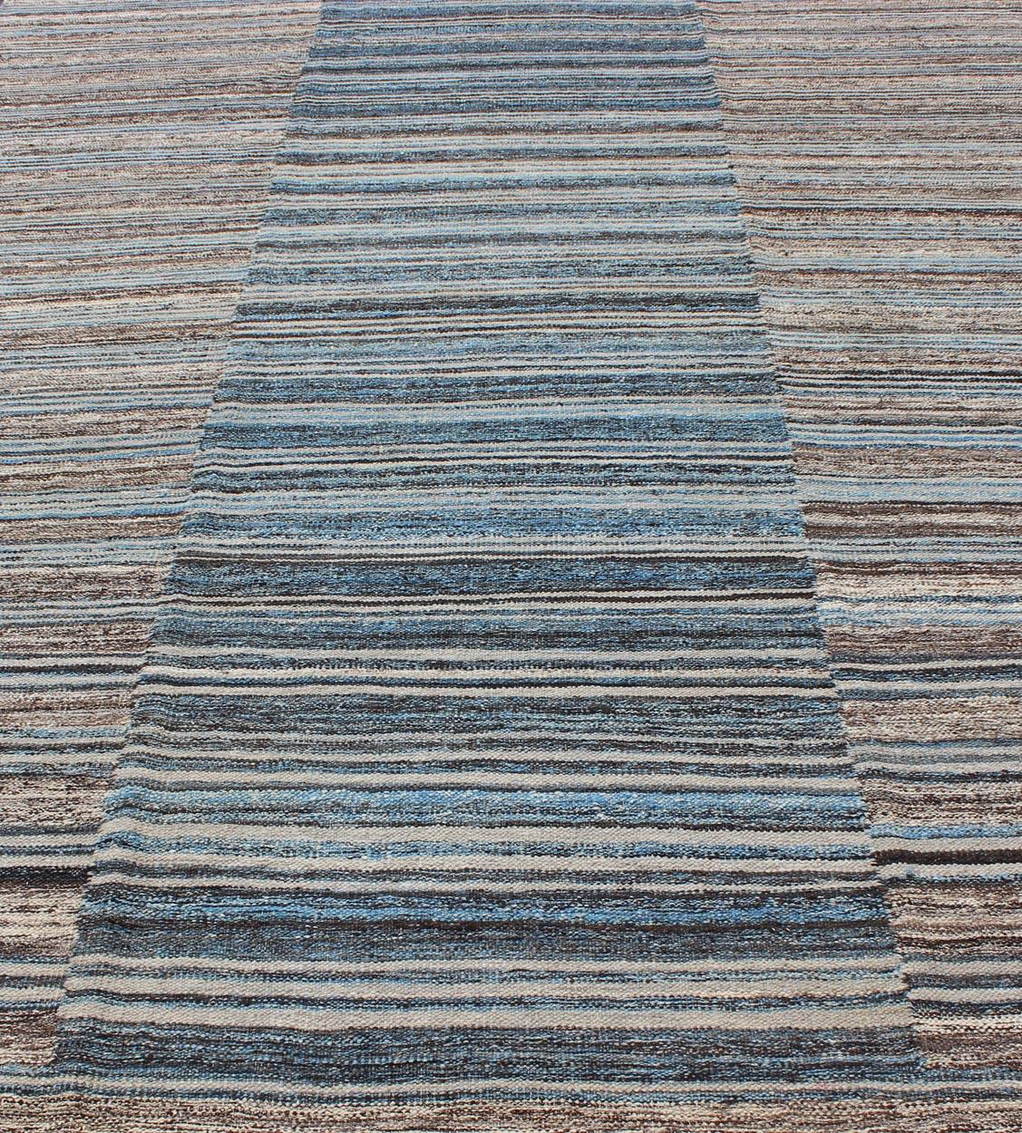 Contemporary Flat-Weave Kilim Rug with Classic Stripe Design in Blue, Cream, Brown