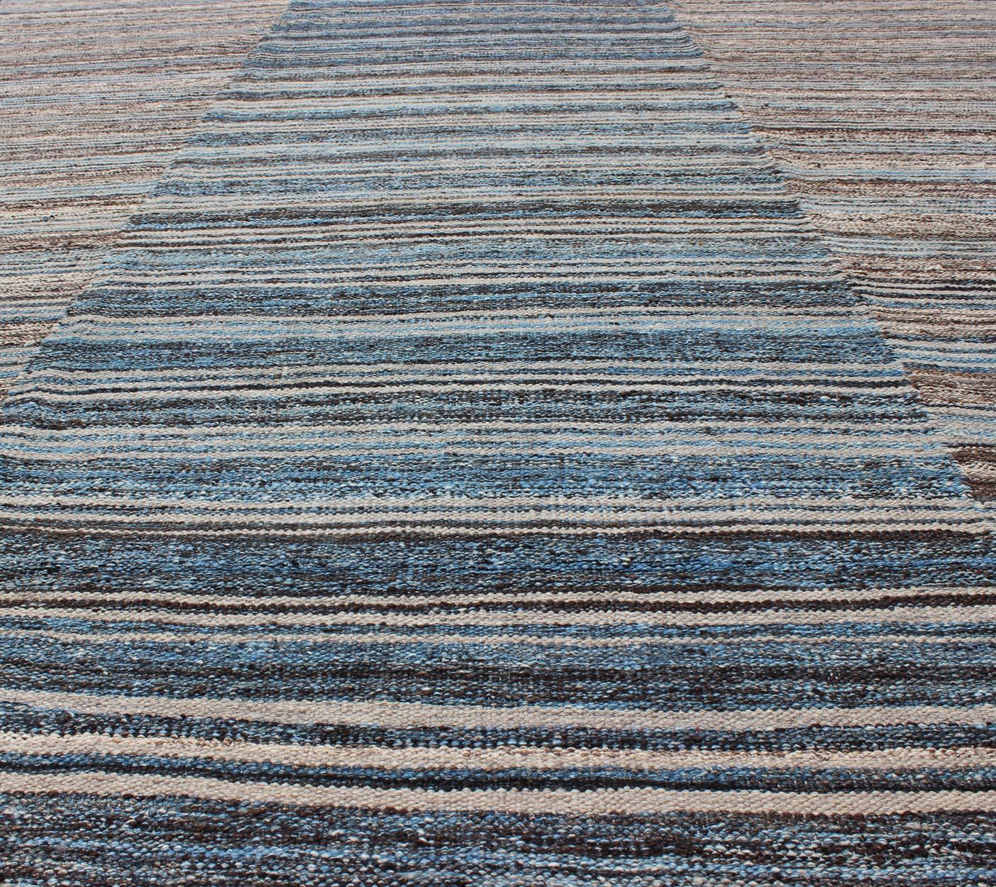 Wool Flat-Weave Kilim Rug with Classic Stripe Design in Blue, Cream, Brown