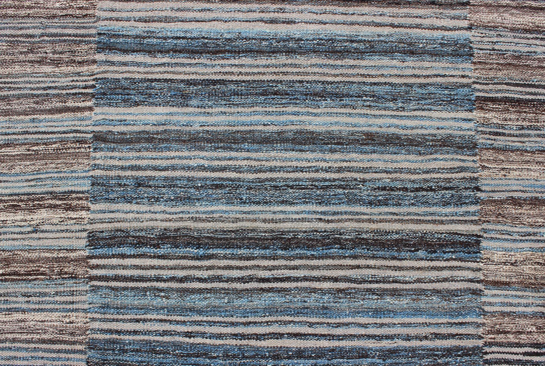 Flat-Weave Kilim Rug with Classic Stripe Design in Blue, Cream, Brown 1