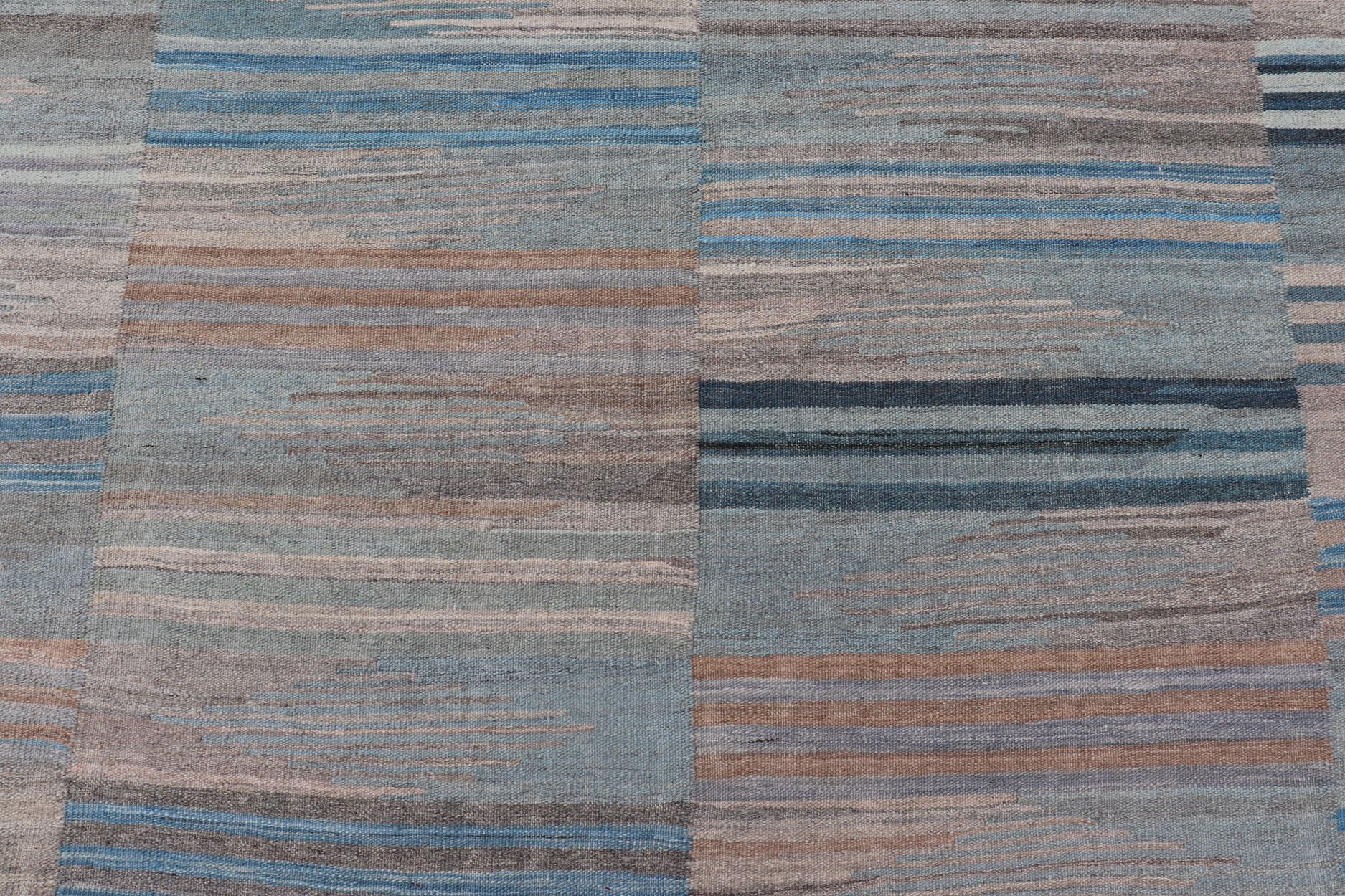 Wool Multicolor paneled Flat-Weave Kilim Rug with Modern Design For Sale
