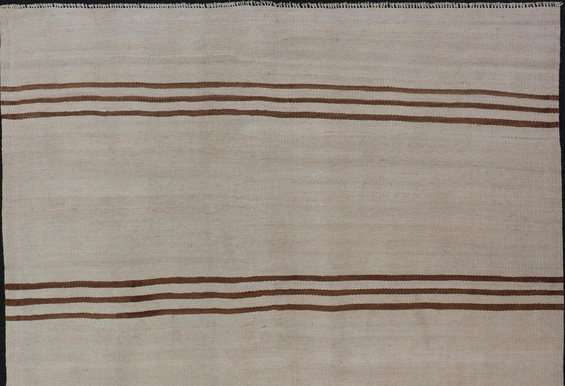 Wool Flat-Weave Kilim Vintage Rug Turkey with Horizontal Stripes in Ivory & Brown For Sale