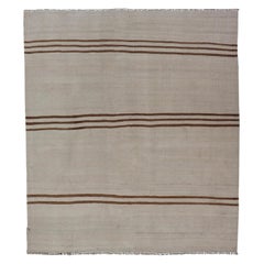 Rug Kilim Vintage a trama piatta con strisce orizzontali in Avorio e Marrone