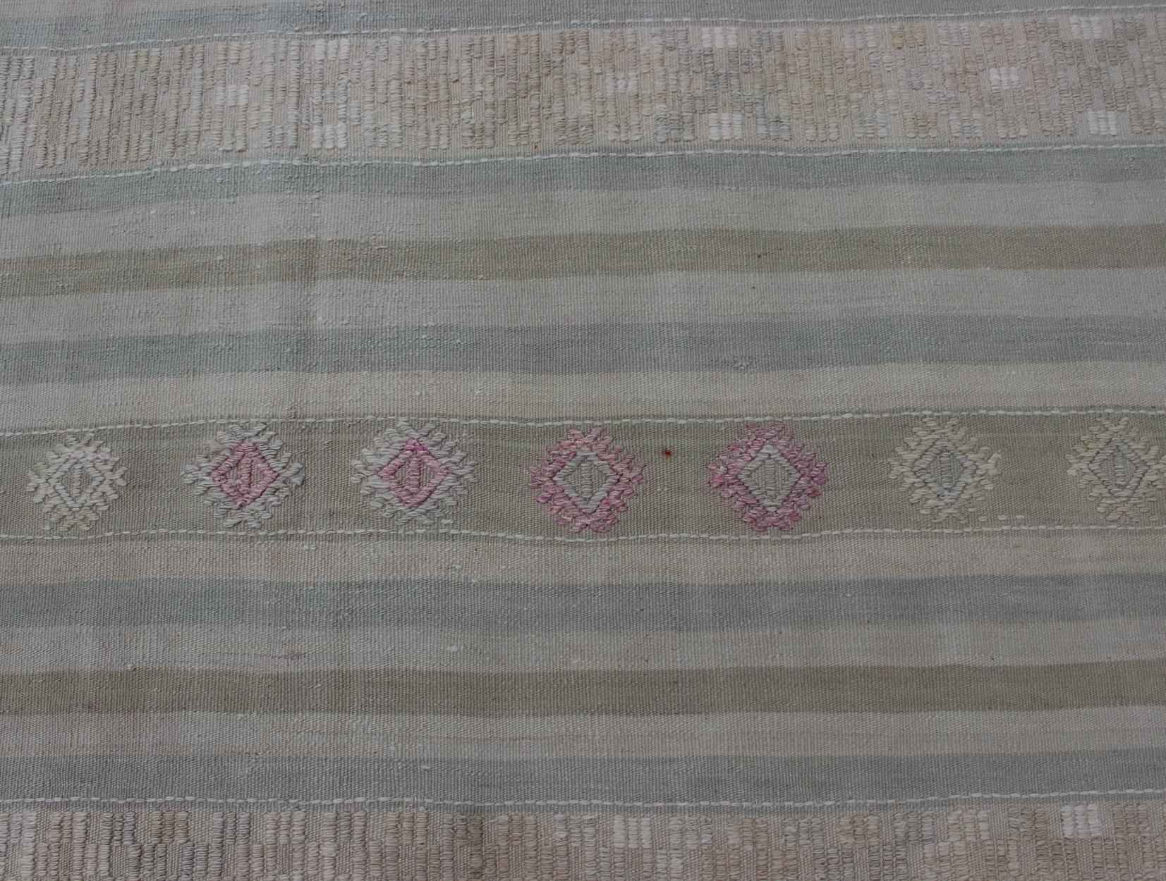 Flat-Weave Kilim with Embroideries in Taupe, Green, Blue and Gray For Sale 3