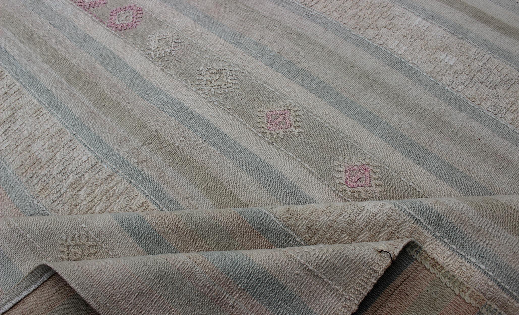 Flat-Weave Kilim with Embroideries in Taupe, Green, Blue and Gray For Sale 5
