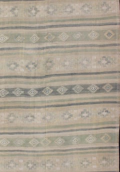 Flat-Weave Kilim with Embroideries in Taupe, Green, Blue and Grey