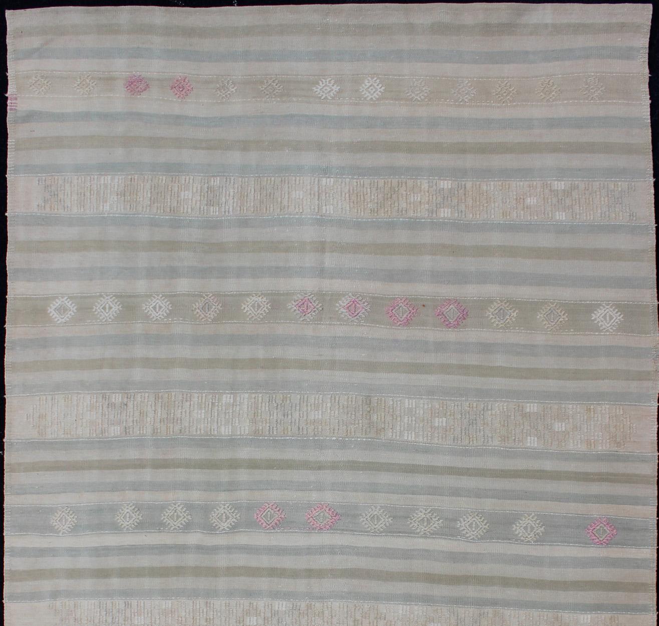 Turkish Flat-Weave Kilim with Embroideries in Taupe, Green, Blue and Gray For Sale