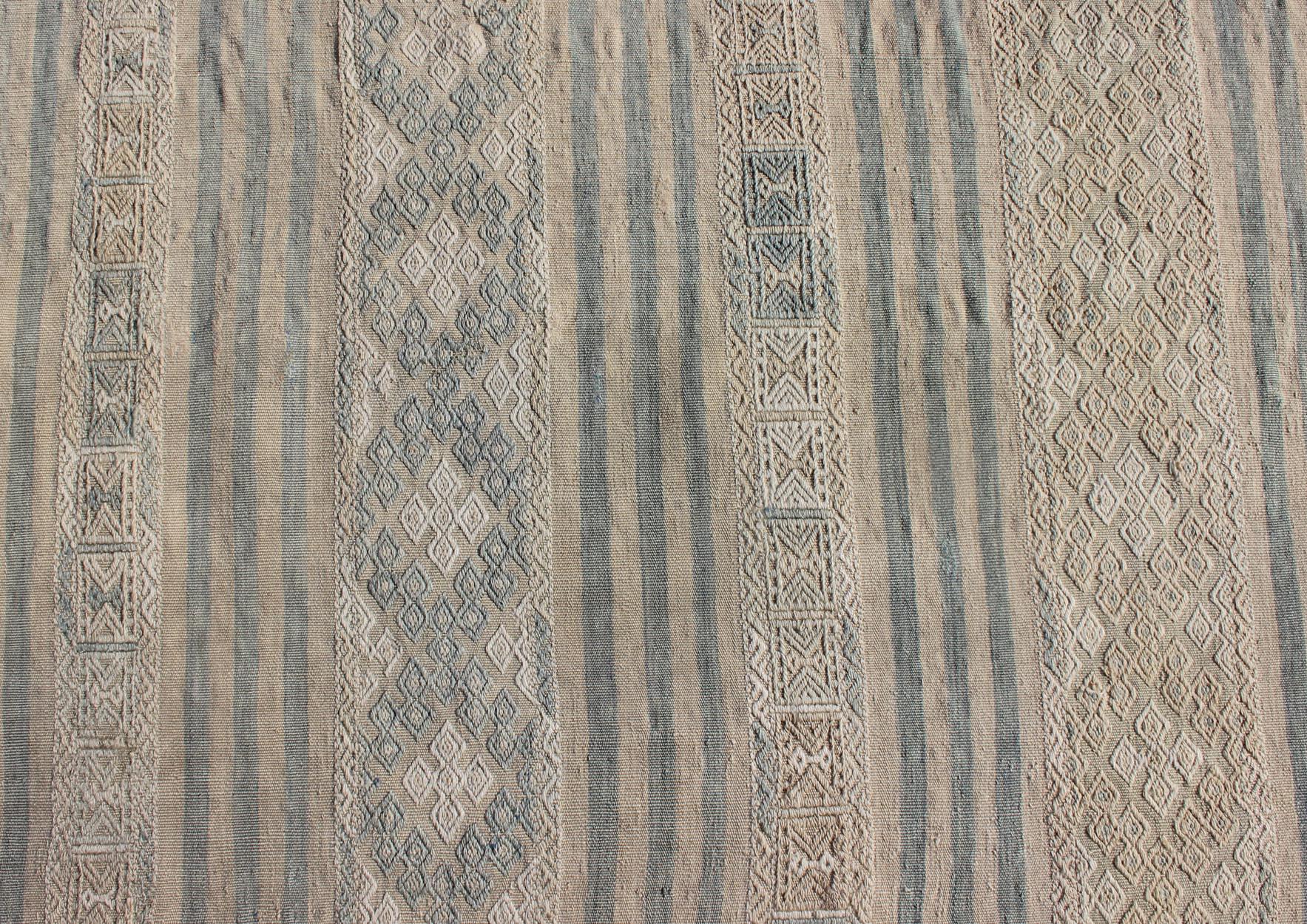 Flat-Weave Kilim with Embroideries in Taupe, Tan, Blue and Gray For Sale 3