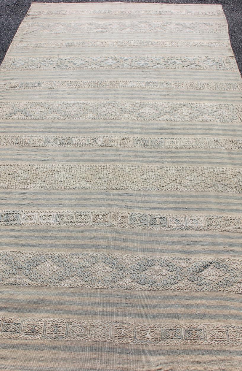 Flat-Weave Kilim with Embroideries in Taupe, Tan, Blue and Gray In Good Condition For Sale In Atlanta, GA