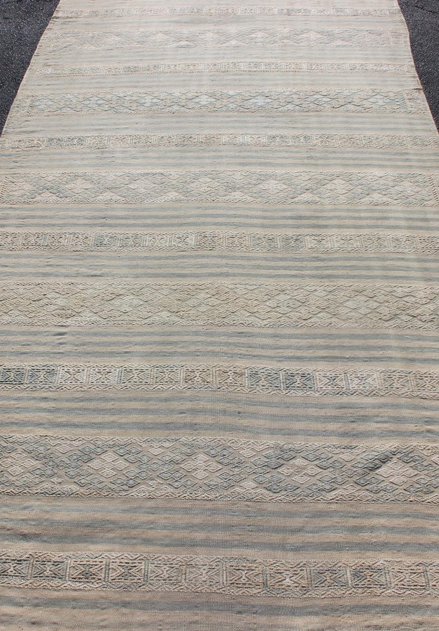 20th Century Flat-Weave Kilim with Embroideries in Taupe, Tan, Blue and Gray For Sale
