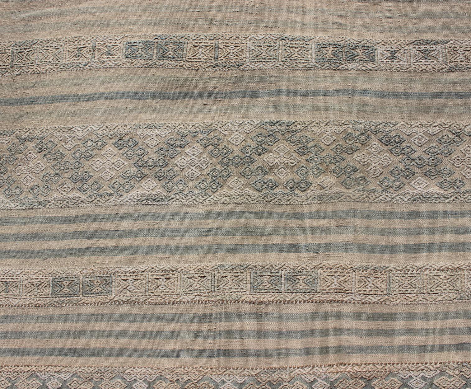 Flat-Weave Kilim with Embroideries in Taupe, Tan, Blue and Gray For Sale 2