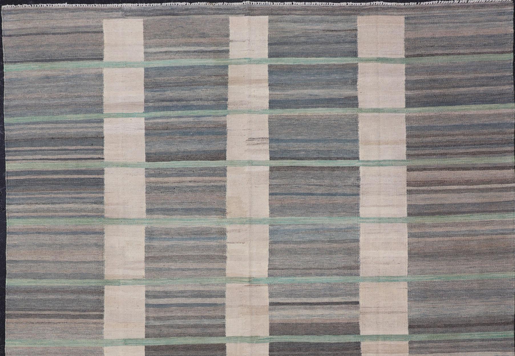 Flat-Weave Modern Kilim Rug in shades of Gray, Brown, Cream, Blue and Green. Modern flat-weave Kilim rug in gray, blue, brown and green colors in Classic stripe design, Keivan Woven Arts / rug AFG-71, country of origin / type: Afghanistan /