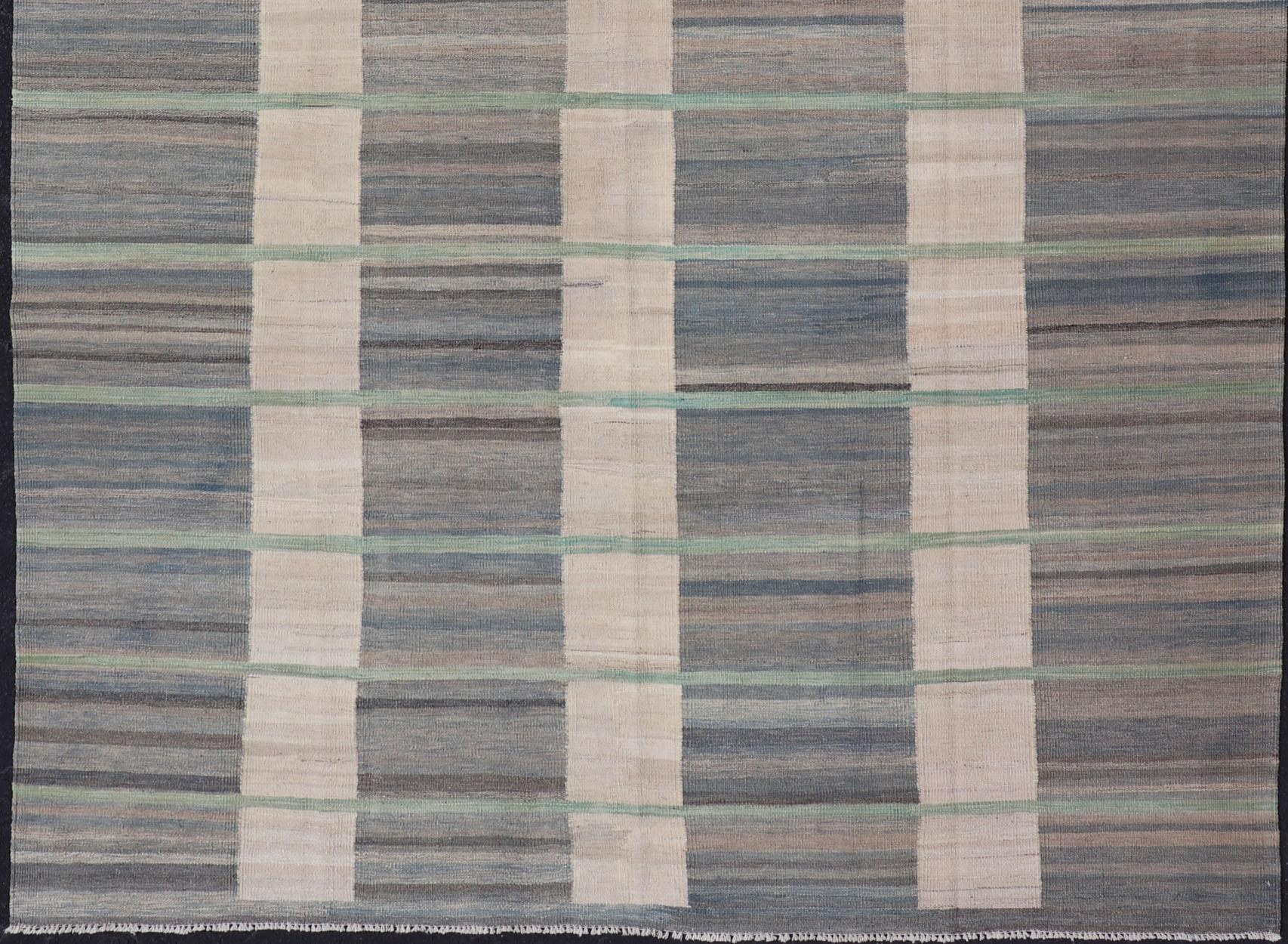 Hand-Woven  Flat-Weave Modern Kilim Rug in shades of Gray, Brown, Cream, Blue and Green For Sale