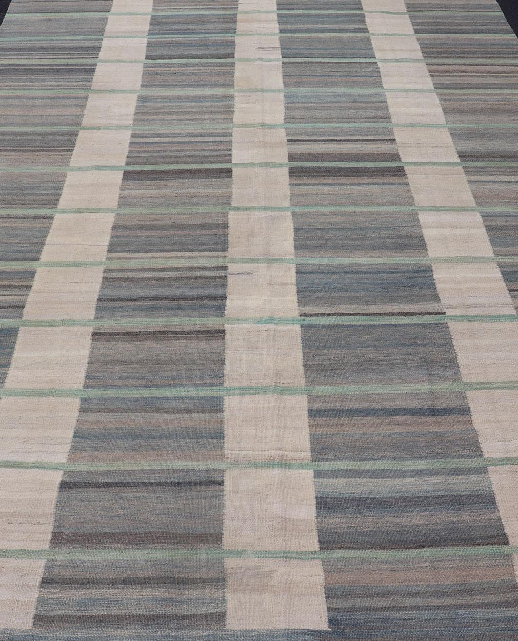  Flat-Weave Modern Kilim Rug in shades of Gray, Brown, Cream, Blue and Green In Excellent Condition For Sale In Atlanta, GA