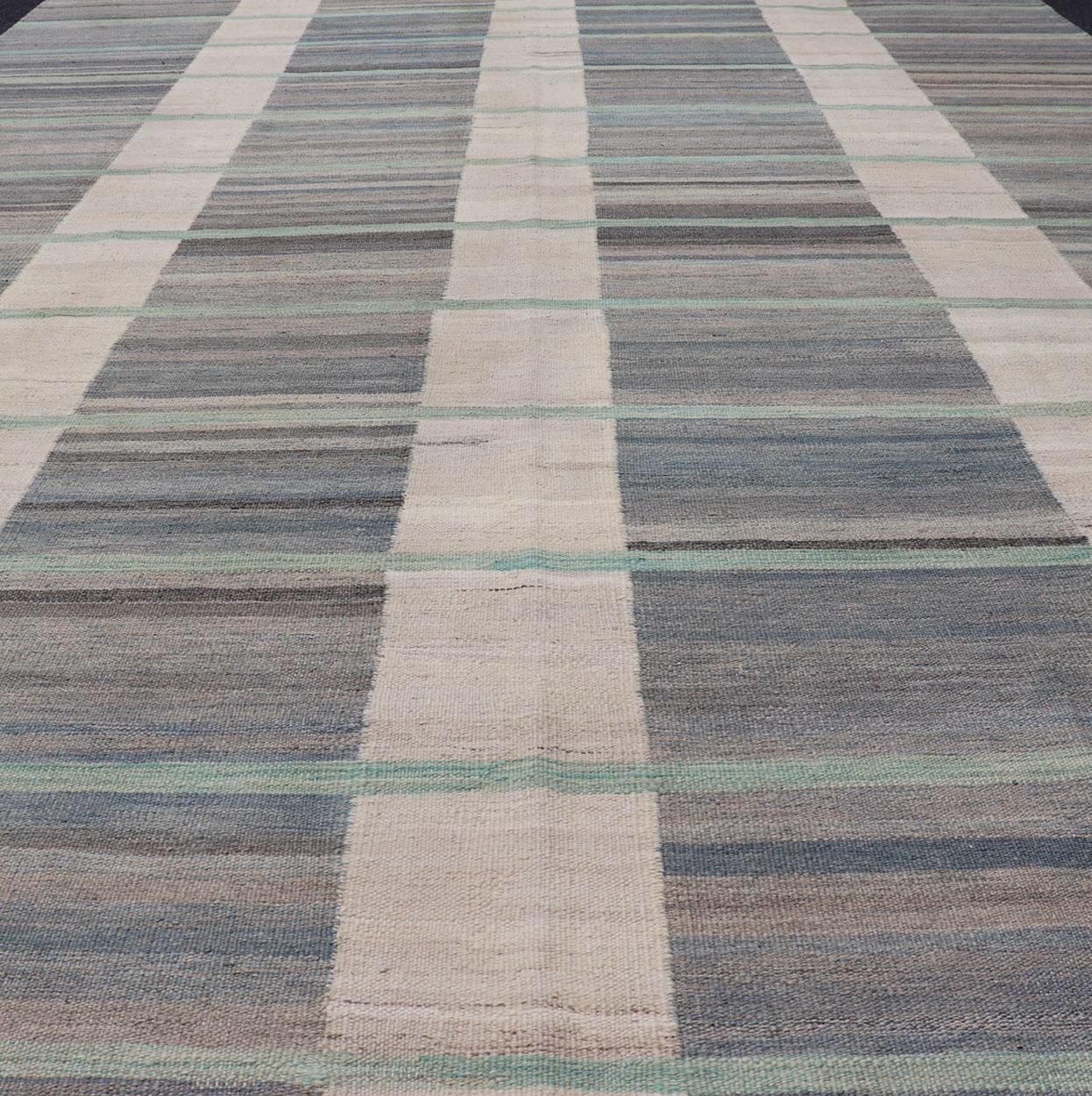 Contemporary  Flat-Weave Modern Kilim Rug in shades of Gray, Brown, Cream, Blue and Green For Sale