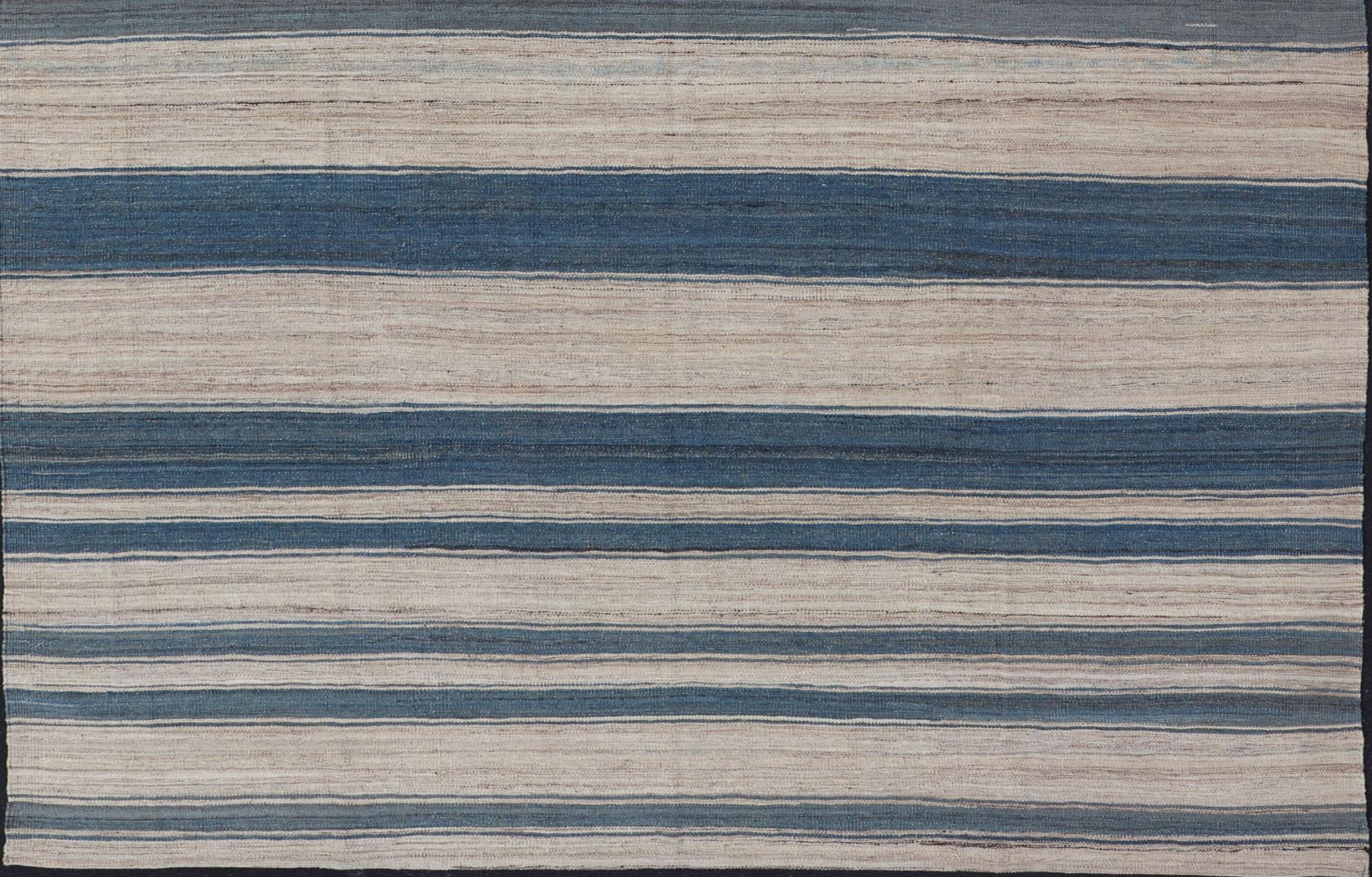 Hand-Woven Flat-Weave Modern Kilim Rug with Stripes in Shades of Blue, and Cream For Sale