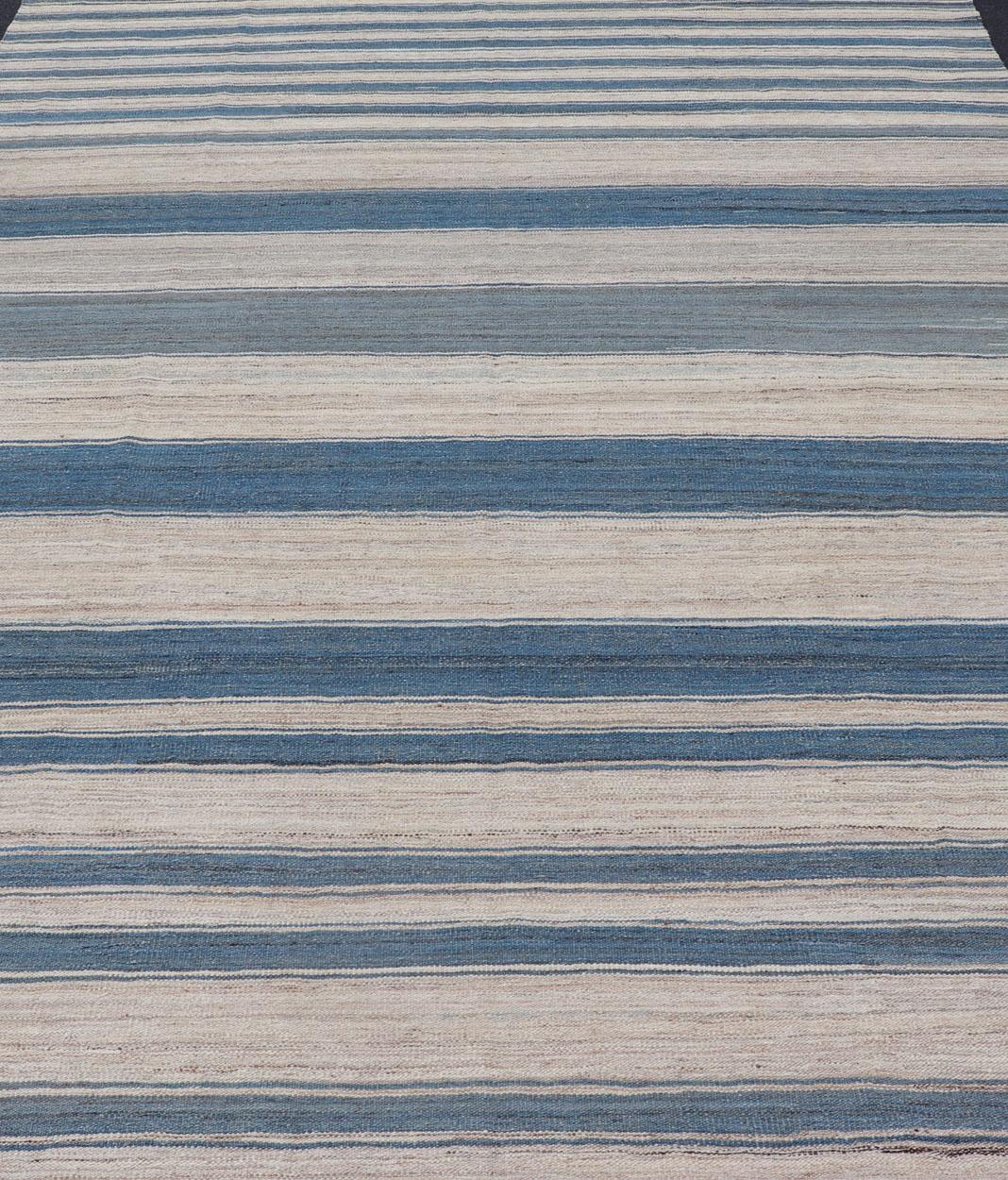 Contemporary Flat-Weave Modern Kilim Rug with Stripes in Shades of Blue, and Cream For Sale