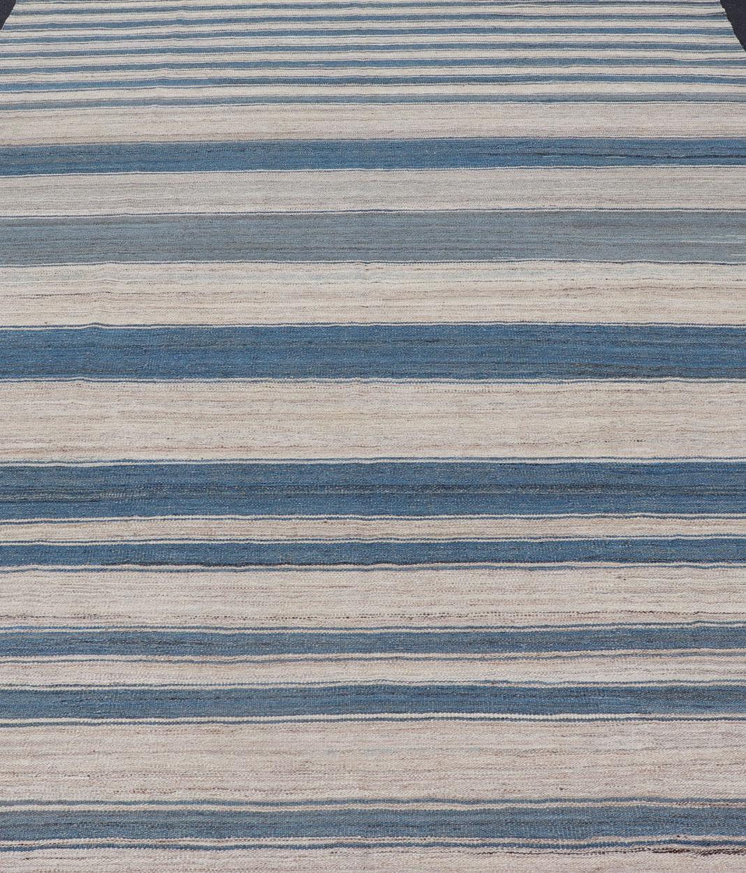 Flat-Weave Modern Kilim Rug with Stripes in Shades of Blue, and Cream In Excellent Condition For Sale In Atlanta, GA