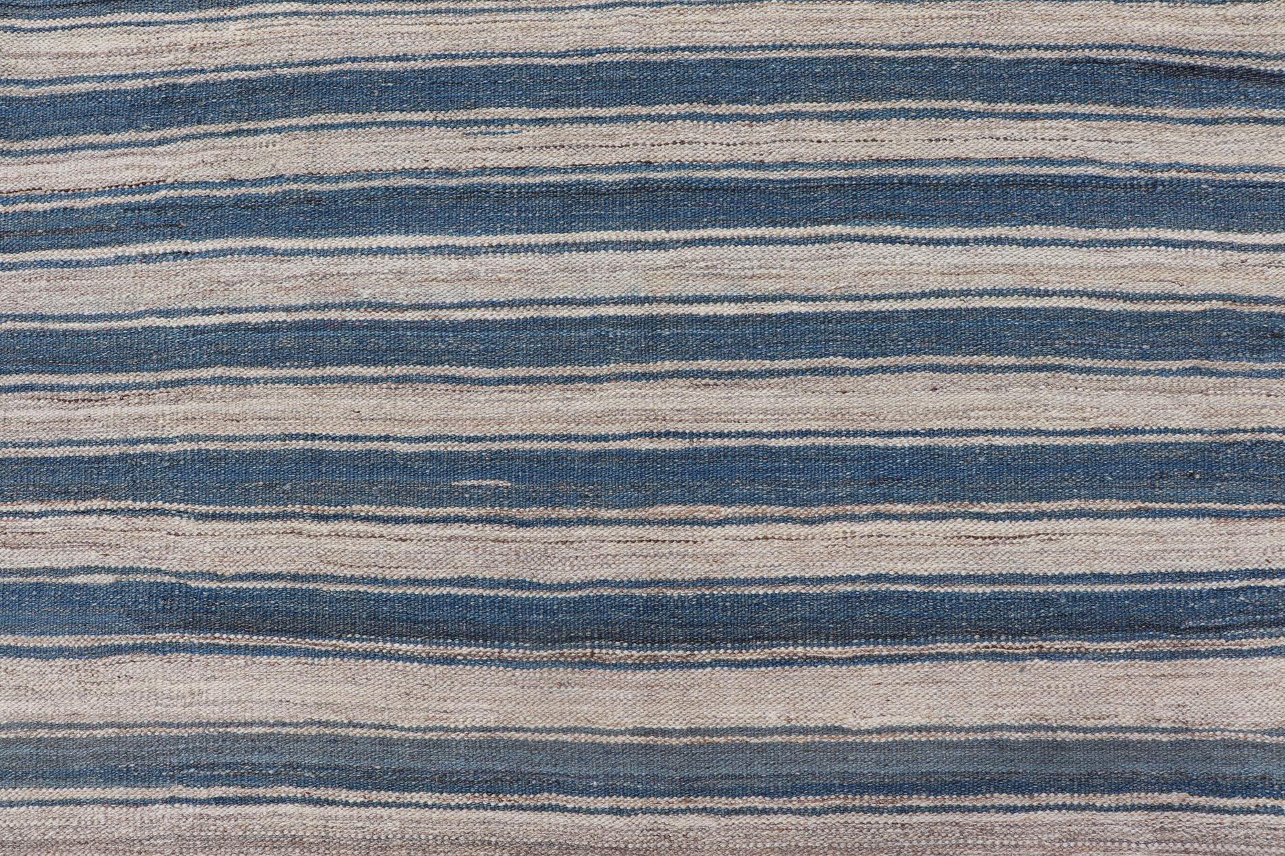Flat-Weave Modern Kilim Rug with Stripes in Shades of Blue, and Cream For Sale 2