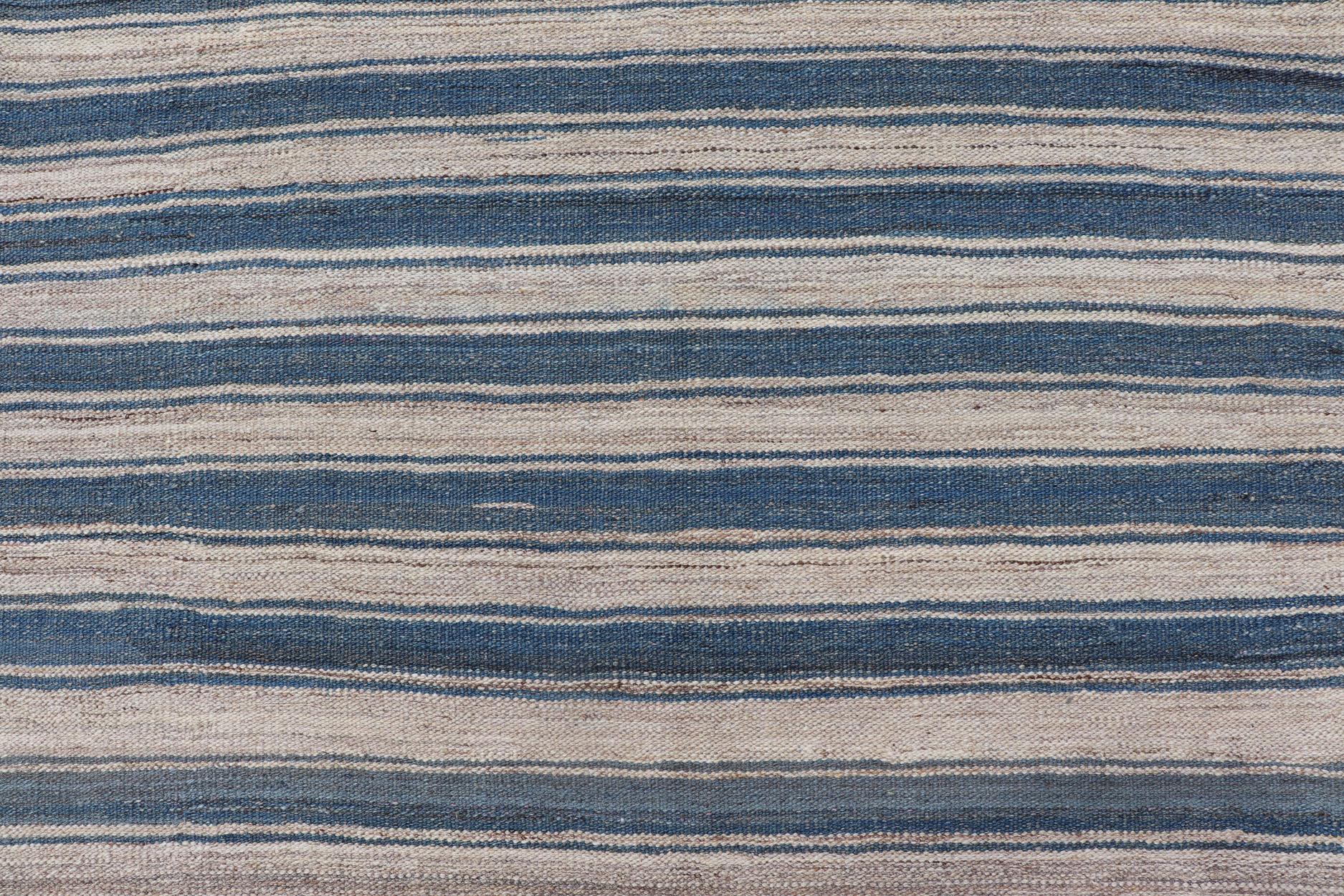 Flat-Weave Modern Kilim Rug with Stripes in Shades of Blue, and Cream For Sale 1