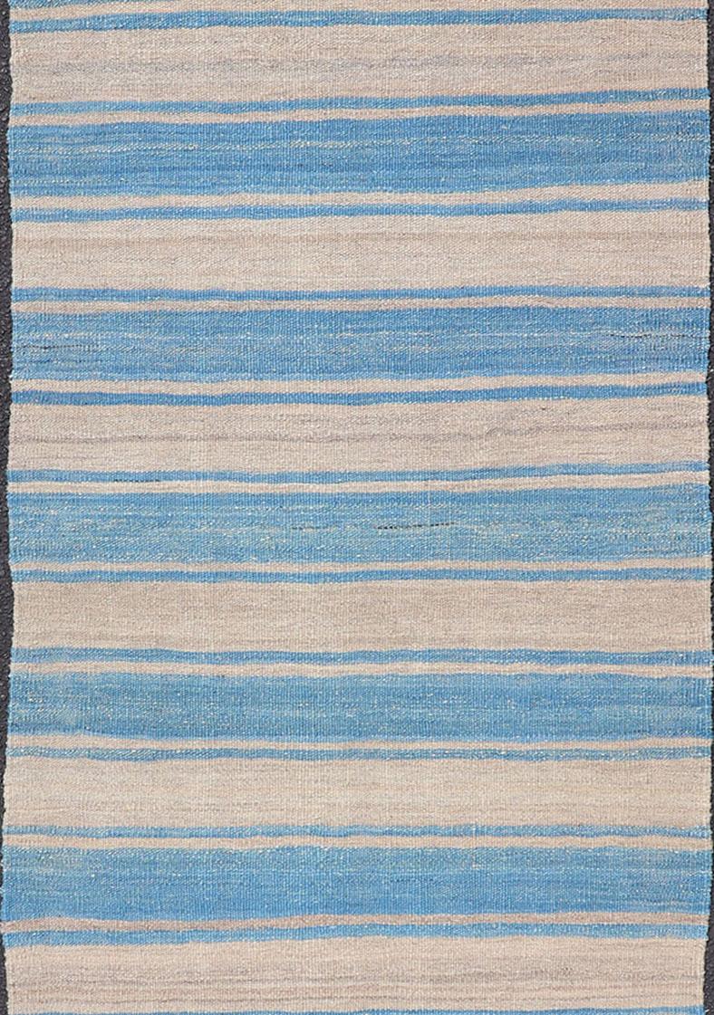 Afghan Flat-Weave Modern Kilim Rug with Stripes in Shades of Blue and Gray For Sale