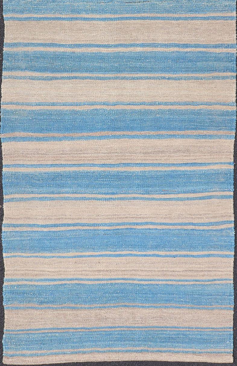 Hand-Woven Flat-Weave Modern Kilim Rug with Stripes in Shades of Blue and Gray For Sale