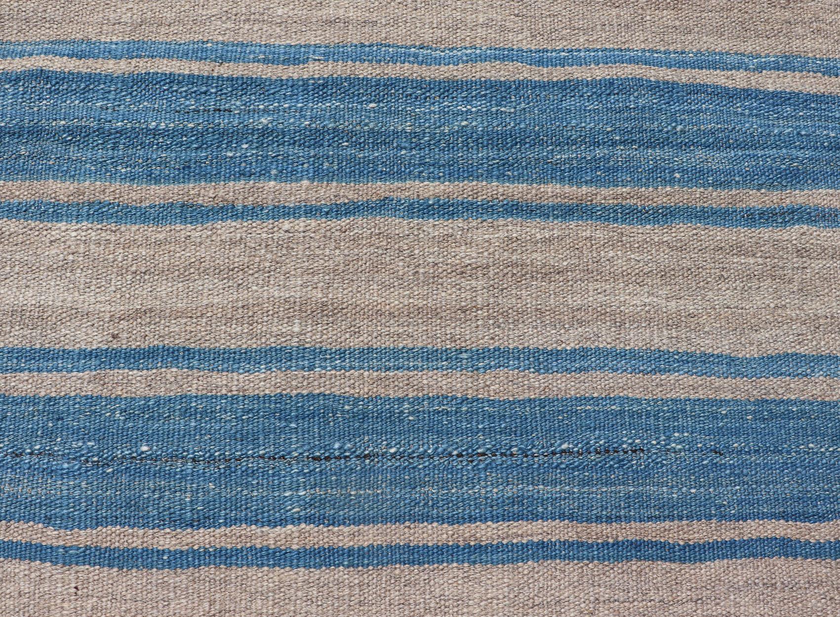Flat-Weave Modern Kilim Rug with Stripes in Shades of Blue and Gray In Excellent Condition For Sale In Atlanta, GA