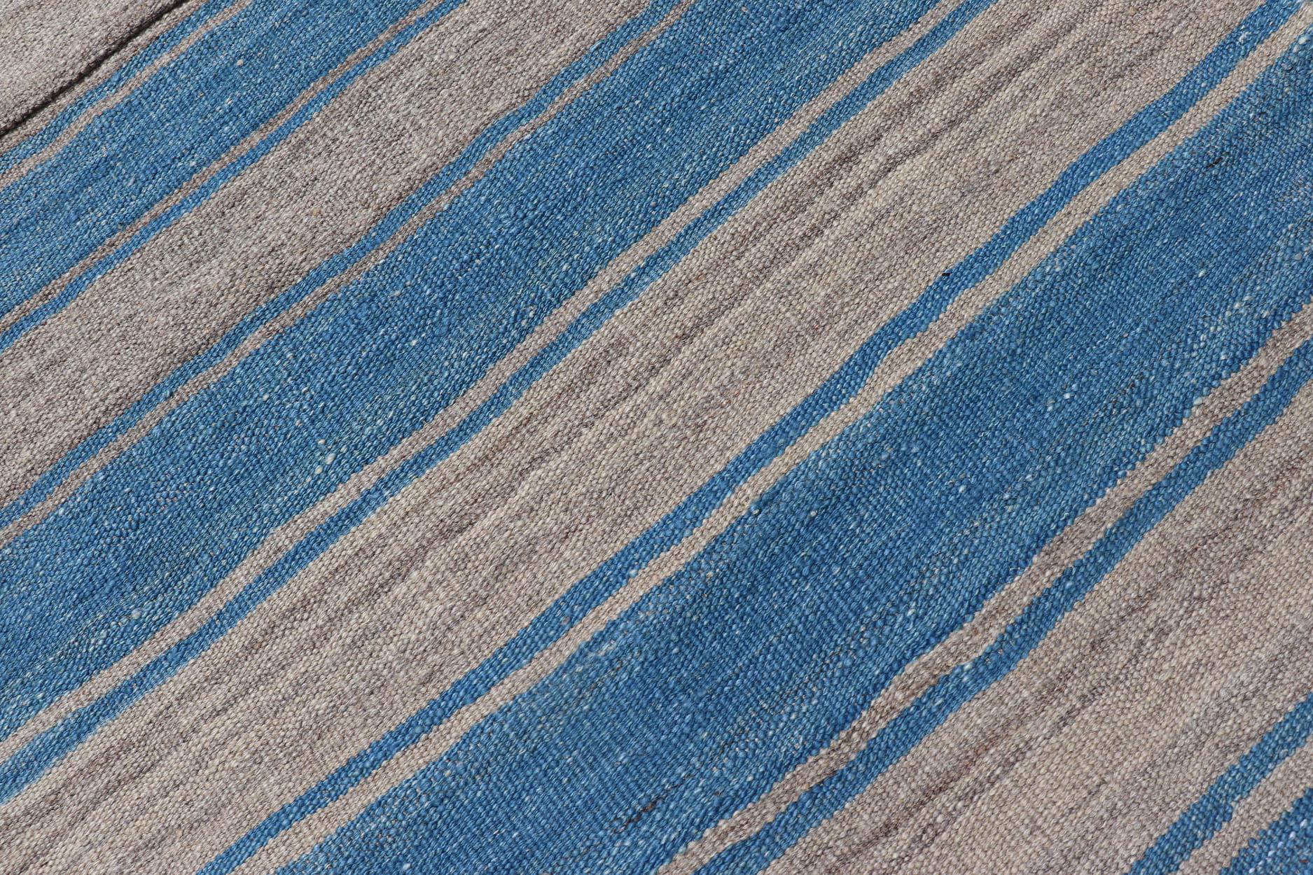 Contemporary Flat-Weave Modern Kilim Rug with Stripes in Shades of Blue and Gray For Sale